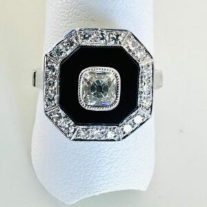 Antiker Ring 585/- Weißgold mit Onix und Brillianten ca:0,69 ct