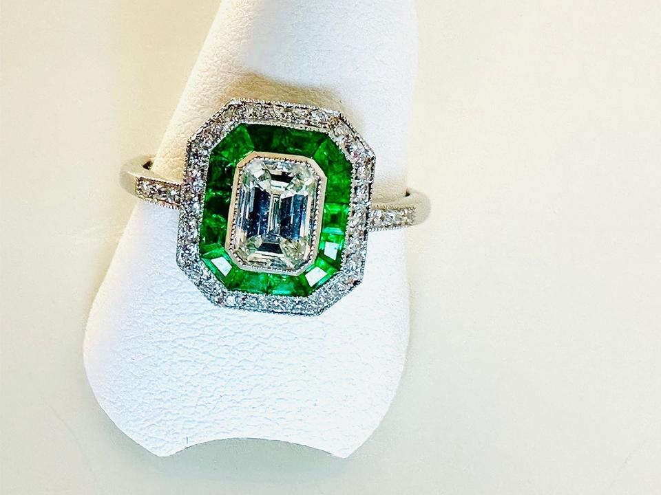 Platinring mit Smaragd und Diamant ca: 1,0 ct getönt,weiß vsi – Bild 10
