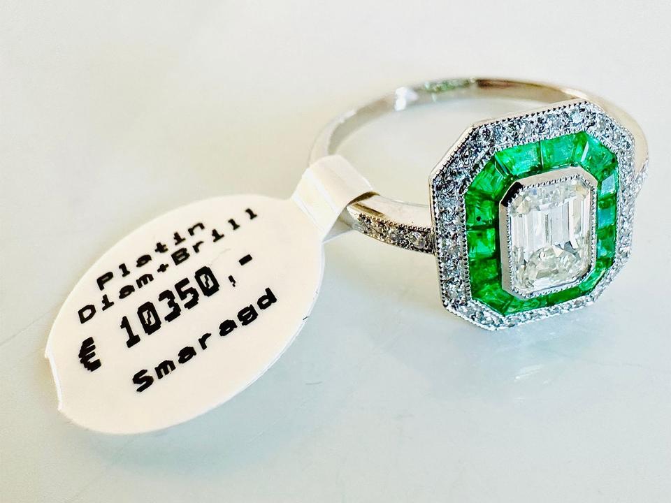 Platinring mit Smaragd und Diamant ca: 1,0 ct getönt,weiß vsi – Bild 2