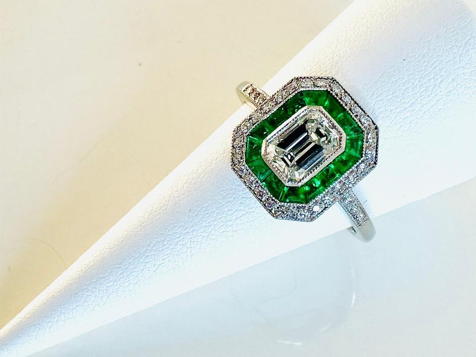Platinring mit Smaragd und Diamant ca: 1,0 ct getönt,weiß vsi – Bild 12